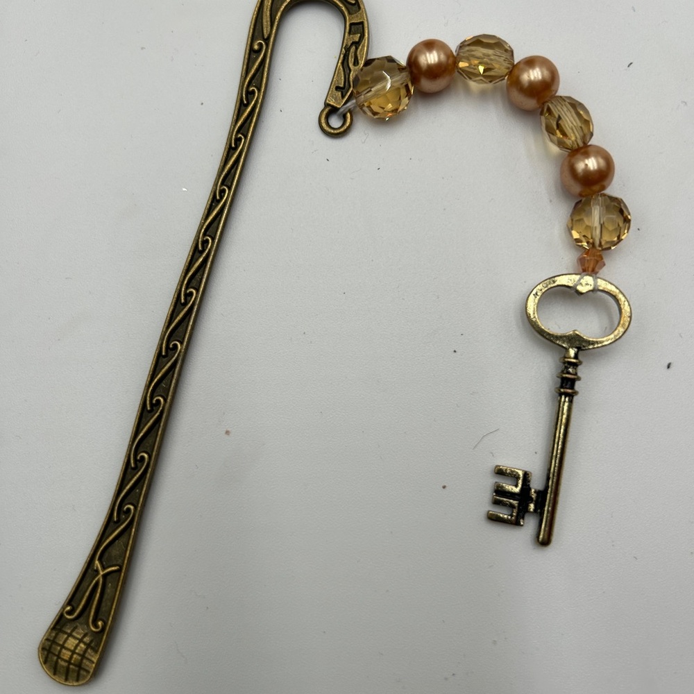 Vintage Key Charm Gold and Bronze Beaded Bookmark Handmade